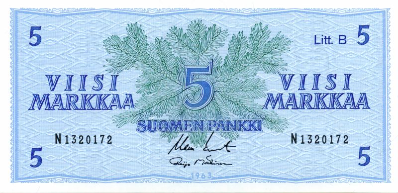 5 Markkaa 1963 Litt.B N1320172 kl.9